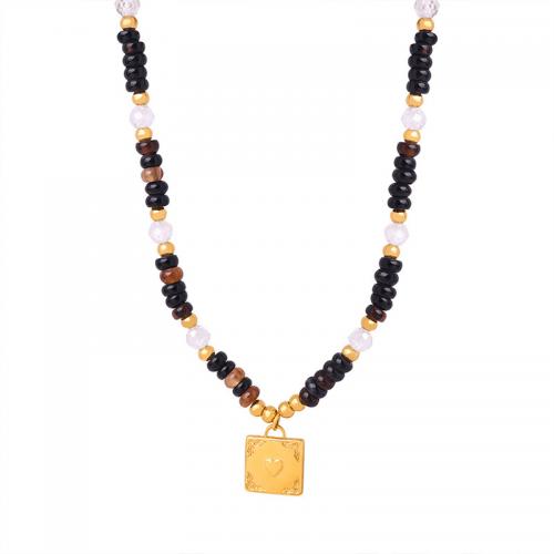 Collier d'acier titane, avec oeil de tigre & agate noire, avec 5cm chaînes de rallonge, bijoux de mode & pour femme, 10mm, Longueur Environ 40 cm, Vendu par PC