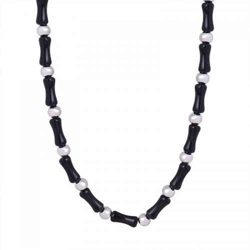 Collar de Acero Titanio, Partículas de acero, con Ágata negra, con 5cm extender cadena, hecho a mano, Joyería & unisexo, Negro, libre de níquel, plomo & cadmio, longitud aproximado 40 cm, Vendido por UD