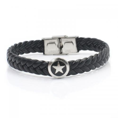 Bracelets cordon PU, Acier inoxydable 304, avec Cuir de vachette pleine fleur & alliage de zinc, Placage, unisexe, noire, Longueur Environ 21 cm, Vendu par PC