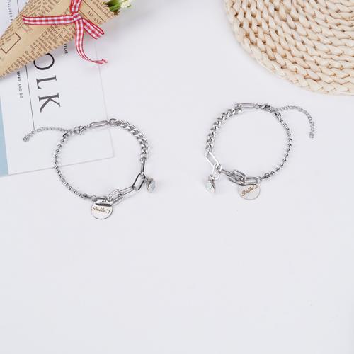 Pareja pulsera y brazalete, acero inoxidable 304, con 5CM extender cadena, chapado, 2 piezas & unisexo, plateado, longitud aproximado 18 cm, Vendido por UD