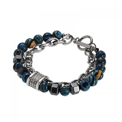 Jewelry Cruach dhosmálta Bracelet, 304 Cruach dhosmálta, le Malachite & Hematite & Sinc Alloy, stoving vearnais, unisex, gorm, Fad Thart 21 cm, Díolta De réir PC