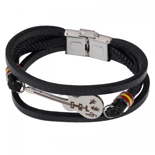 PU leder koord armbanden, 304 roestvrij staal, met PU, moffelen vernis, uniseks, zwart, Lengte Ca 22 cm, Verkocht door PC