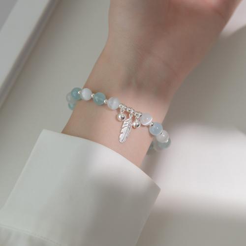 Pulseiras de prata, 925 prata esterlina, with fio elástico & Pedra olho de gato & Aquamarine, feito à mão, para mulher, prateado, comprimento Aprox 17-26 cm, vendido por PC