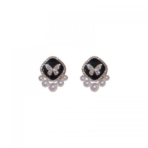 Pendientes de Perno de Aleación de Zinc, con Perlas plásticas, Joyería & para mujer & con diamantes de imitación, libre de níquel, plomo & cadmio, 23x17mm, Vendido por Par