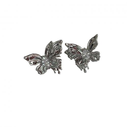 Pendientes de Perno de Aleación de Zinc, Mariposa, chapado, Joyería & para mujer & con diamantes de imitación, libre de níquel, plomo & cadmio, 25x21mm, Vendido por Par