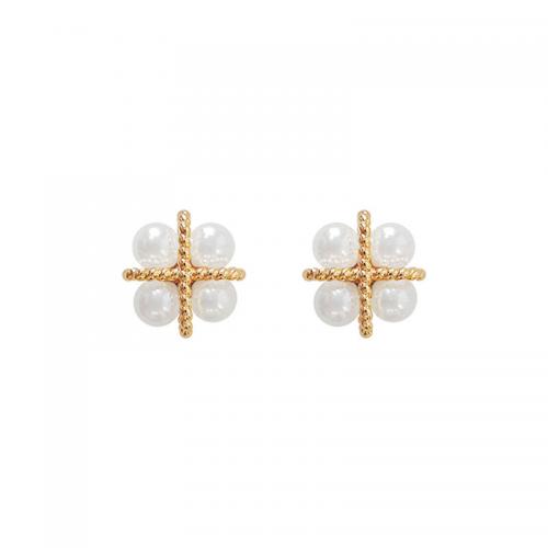 Zinc Alloy Stud Earring with Plastic Pearl gold color plated fashion jewelry & for woman golden nickel lead & cadmium free Sold By Pair