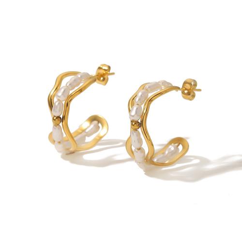 Roestvrij staal Stud Earrings, 304 roestvrij staal, met Plastic Pearl, 18K verguld, mode sieraden & voor vrouw, gouden, 27x3mm, Verkocht door pair