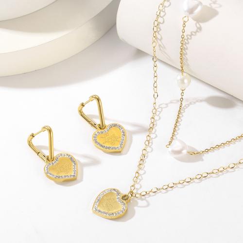 Rhinestone Stainless Steel Jewelry Set 304 Stainless Steel with Plastic Pearl Heart Vacuum Ion Plating fashion jewelry & for woman & with rhinestone Sold By PC