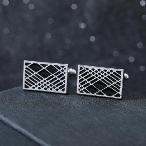 Boutons de manchette, alliage de zinc, rectangle, Placage de couleur argentée, pour homme & émail, noire, 20x13mm, Vendu par paire