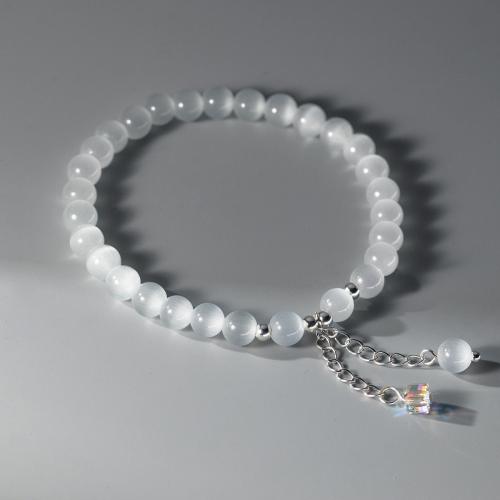 Argento Bracciali, 925 argento sterlina, with Moonstone & filo elastico & occhi di gatto, fatto a mano, per la donna, bianco, Lunghezza Appross. 15-24 cm, Venduto da PC