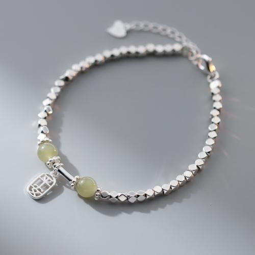 Bracelets en argent sterling, argent sterling 925, avec Hetian Jade, avec 4CM chaînes de rallonge, fait à la main, pour femme, argent, Longueur Environ 16 cm, Vendu par PC