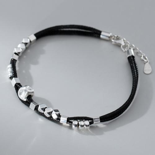 Argento Bracciali, 925 argento sterlina, with cavo di cuoio, with 3CM extender chain, placcato, per la donna, nero, Lunghezza Appross. 18 cm, Venduto da PC