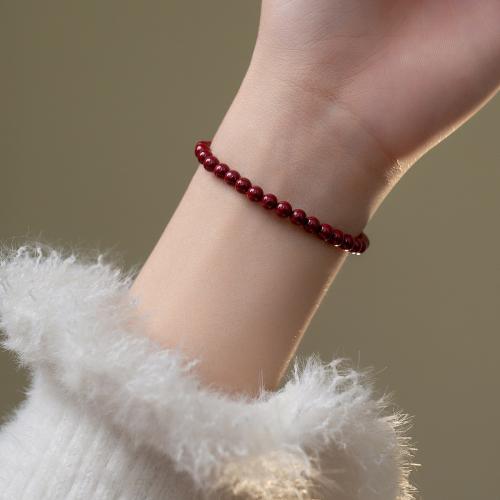 Sterling Zilver Armbanden, 925 Sterling Zilver, met Elastische draad & Cinnabar, handgemaakt, voor vrouw, rood, Lengte Ca 16-25 cm, Verkocht door PC