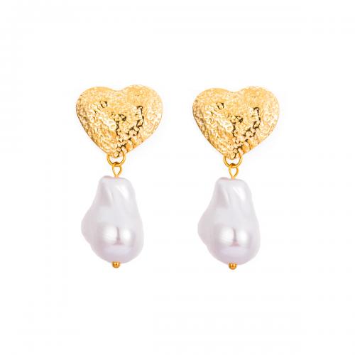 Pendientes de Acero Inoxidable, acero inoxidable 304, con Perlas plásticas, Corazón, 18K chapado en oro, Joyería & diferentes estilos para la opción & para mujer, libre de níquel, plomo & cadmio, Vendido por Par