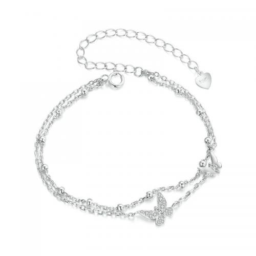 Bracelets en argent sterling, Argent sterling 925, avec 6cm chaînes de rallonge, papillon, bijoux de mode & pavé de micro zircon & pour femme, protéger l'environnement, sans nickel, plomb et cadmium, Longueur Environ 15 cm, Vendu par PC