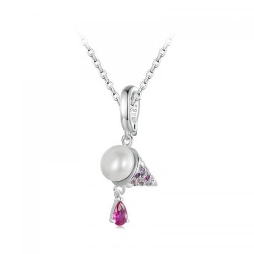 Ciúbach Zirconia Micrimhilseogra réiteodh Sterling Silver muince, 925 Sterling Silver, le Pearl Fionnuisce, Ice Cream, jewelry faisin & micrea réiteach zirconia ciúbach & do bhean, nicil, luaidhe & caidmiam saor in aisce, Fad Thart 45 cm, Díolta De réir PC