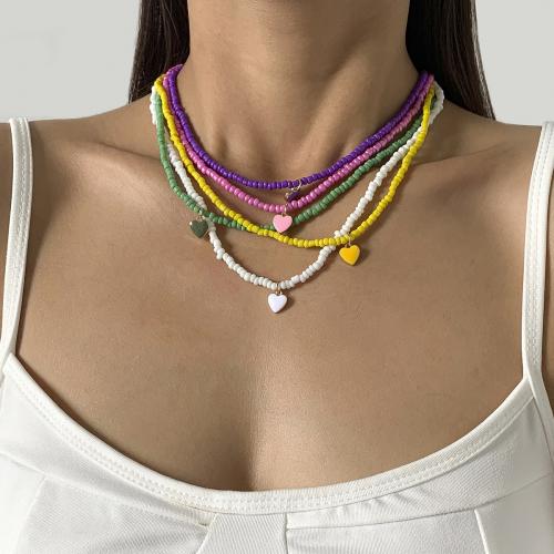 Seed verre collier de perles, Seedbead, avec alliage de zinc, avec 5cm chaînes de rallonge, coeur, Placage de couleur d'or, bijoux de mode & pour femme & émail, plus de couleurs à choisir, Longueur Environ 40 cm, Vendu par PC