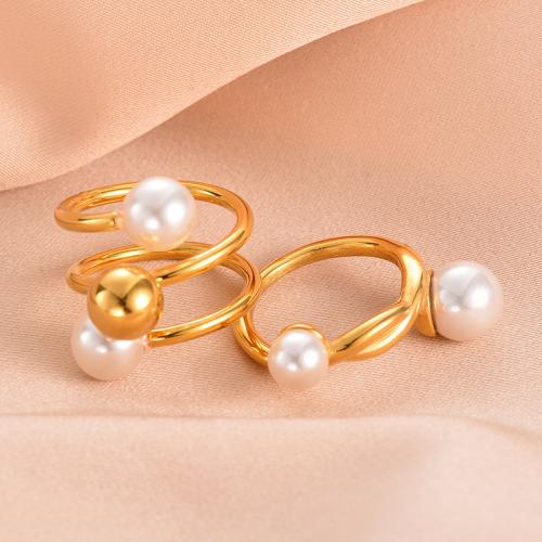 Rozsdamentes acél Finger Ring, 304 rozsdamentes acél, -val Műanyag Pearl, 18K aranyozott, különböző méretű a választás & különböző stílusokat a választás & a nő, aranysárga, Által értékesített PC