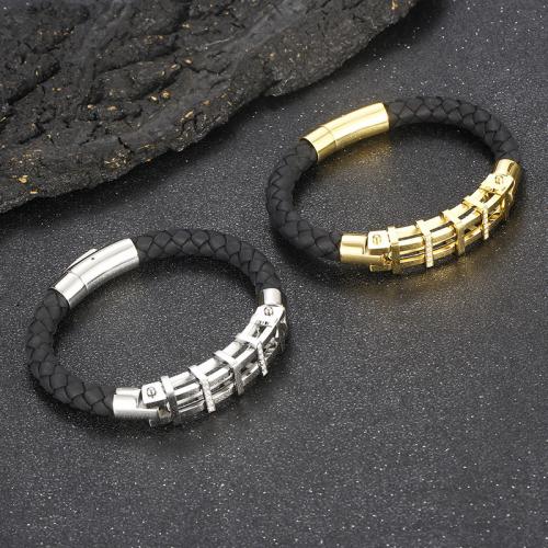 Rindsleder Armband, 304 Edelstahl, mit Split-Layer-Rindsleder, plattiert, Modeschmuck & unterschiedliche Länge der Wahl & für den Menschen & mit Strass, keine, frei von Nickel, Blei & Kadmium, wide:8mm, verkauft von PC