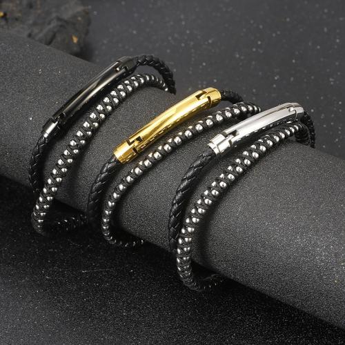 Bracelet de cuir de vachette, Cuir de vachette couche, avec Acier inoxydable 304, Placage, Double couche & bijoux de mode & pour homme, plus de couleurs à choisir, protéger l'environnement, sans nickel, plomb et cadmium, wide:4mm, Longueur Environ 210 mm, Vendu par PC