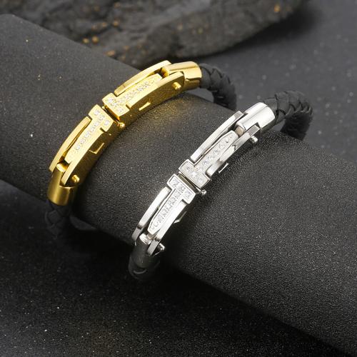 Rundsleder armbanden, 304 roestvrij staal, met Split laag leer, plated, mode sieraden & verschillende lengte voor keuze & voor de mens & met strass, meer kleuren voor de keuze, nikkel, lood en cadmium vrij, wide:8mm, Verkocht door PC