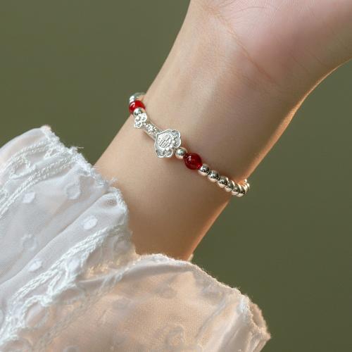 Pulseras de Plata Estelina, plata de ley 925, con Hilo elástico & Ágata roja, hecho a mano, para mujer, plateado, longitud aproximado 15-23 cm, Vendido por UD