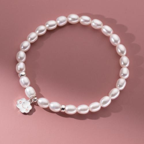 Pulseiras de prata, 925 prata esterlina, with fio elástico & Pérolas de água doce, feito à mão, para mulher & adesivo epóxi, branco, comprimento Aprox 15-24 cm, vendido por PC