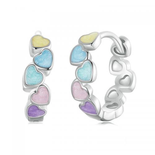 925 pendientes de aro de plata de ley, Plata de ley 925, Corazón, Joyería & para mujer & esmalte, libre de níquel, plomo & cadmio, 13x4mm, diámetro interior:aproximado 11mm, Vendido por UD