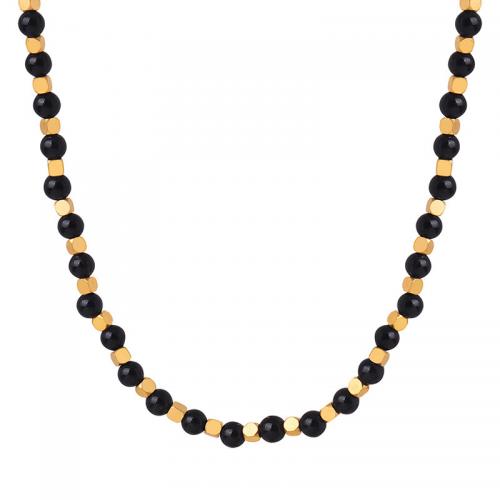 Collar de Acero Titanio, Partículas de acero, con Ágata negra, con 7cm extender cadena, 18K chapado en oro, Joyería & para mujer, dorado, longitud aproximado 40 cm, Vendido por UD