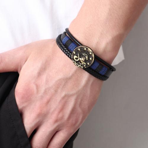 PU cavo bracciali, lega in zinco, with PU, 12 Segni zodiacali, placcato, tre strati & diversi modelli per la scelta & per l'uomo, nessuno, assenza di nichel,piombo&cadmio, Lunghezza 20.5 cm, Venduto da PC