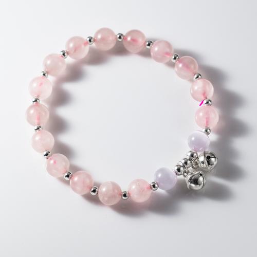 Bracelets en argent sterling, argent sterling 925, avec fil élastique & Oeil de chat & cristal, fait à la main, pour femme, rose, Longueur Environ 16-25 cm, Vendu par PC