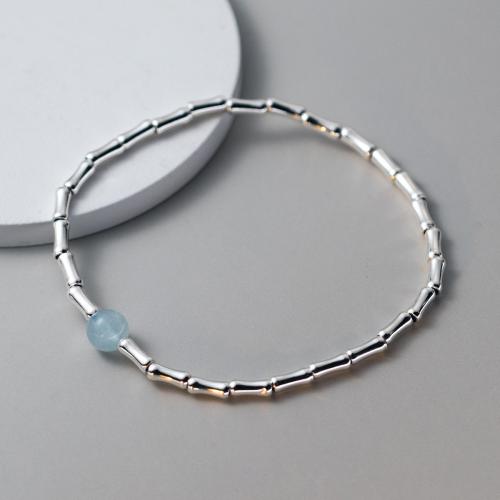 Sterling Zilver Armbanden, 925 Sterling Zilver, met Elastische draad & Aquamarijn, handgemaakt, voor vrouw, zilver, Lengte Ca 16-25 cm, Verkocht door PC