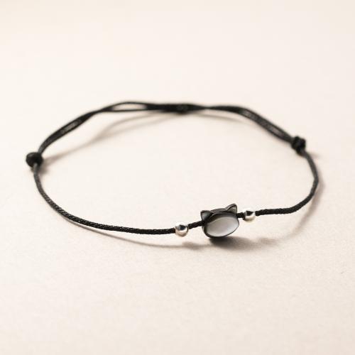 Pulseras de Plata Estelina, plata de ley 925, con Cordón de cera & Ojo de gato, hecho a mano, para mujer, Negro, longitud aproximado 23 cm, Vendido por UD