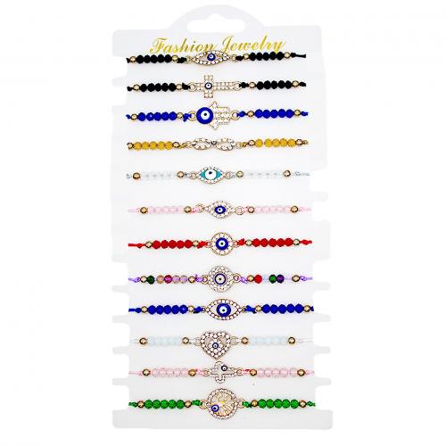 Evil Eye sieraden Armband, Knoopkoord, met Kristal & Zinc Alloy, gold plated, 12 stuks & Verstelbare & Bohemien stijl & uniseks & glazuur & met strass, gemengde kleuren, Lengte Ca 18 cm, Verkocht door Stel