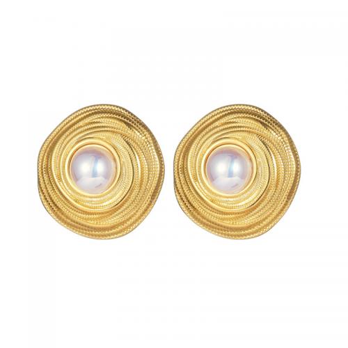 Roestvrij staal Stud Earrings, 304 roestvrij staal, met Plastic Pearl, 18K verguld, mode sieraden & voor vrouw, nikkel, lood en cadmium vrij, 23x22mm, Verkocht door pair