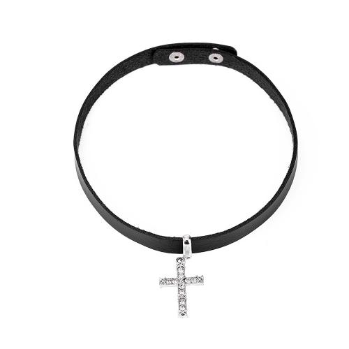 Faisean Choker muince, Sinc Alloy, le corda leathair, Cross, jewelry faisin & do bhean & le rhinestone, nicil, luaidhe & caidmiam saor in aisce, 18x47mm, Díolta Per Thart 39.5 cm Snáithe