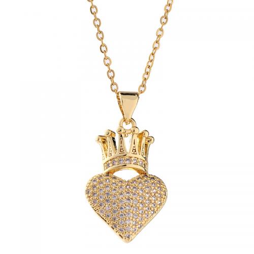 Cubic Zircon Micro Pave Brass Necklace with 5CM extender chain Heart plated micro pave cubic zirconia & for woman golden Length Approx 40 cm Sold By PC