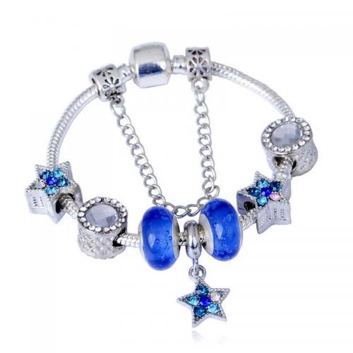 European armband, Zinc Alloy, met Kristal & Lampwork, Ster, silver plated, mode sieraden & verschillende lengte voor keuze & voor vrouw & met strass, blauw, nikkel, lood en cadmium vrij, Verkocht door PC