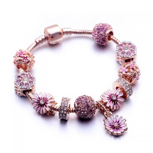 European armband, Zinc Alloy, Bloem, rose goud plated, mode sieraden & verschillende lengte voor keuze & voor vrouw & glazuur & met strass, roze, nikkel, lood en cadmium vrij, Verkocht door PC