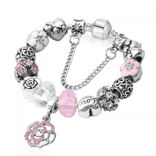 Bracciale European, lega in zinco, with cristallo, Rose, placcato color argento, gioielli di moda & lunghezza differente per scelta & per la donna & smalto & con strass, nessuno, assenza di nichel,piombo&cadmio, Venduto da PC