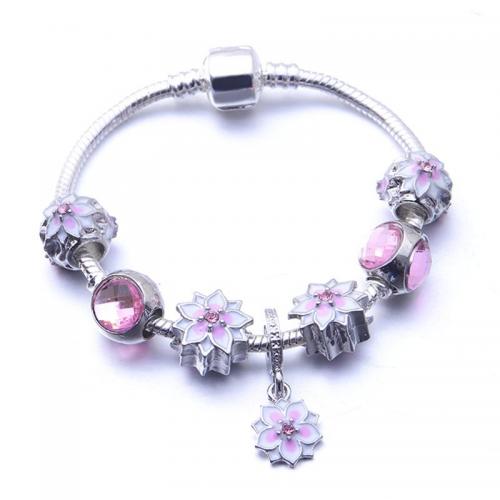 European armband, Zinc Alloy, met Kristal, Bloem, silver plated, mode sieraden & verschillende lengte voor keuze & voor vrouw & glazuur & met strass, roze, nikkel, lood en cadmium vrij, Verkocht door PC