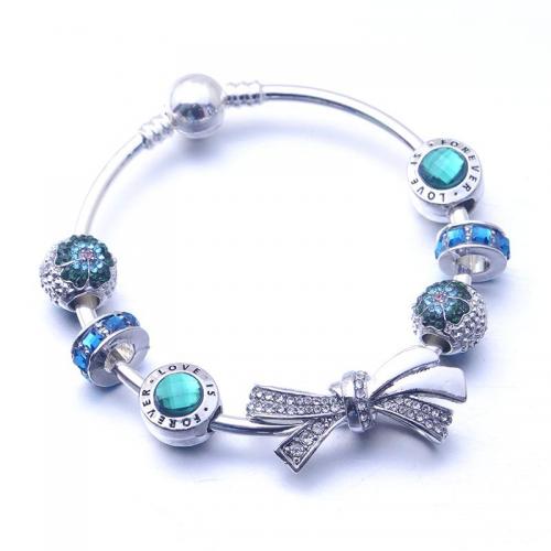 Pulseras Estilo Europeo, aleación de zinc, con Cristal, Lazo, chapado en color de plata, Joyería & longitud diferente para la opción & para mujer & con diamantes de imitación, color mixto, libre de níquel, plomo & cadmio, Vendido por UD