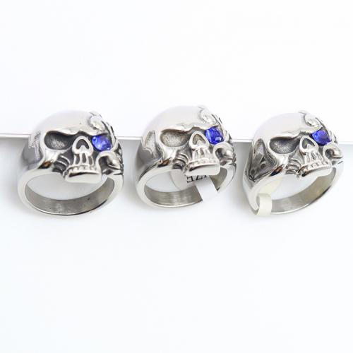 Rostfritt stål Rhinestone Fingerringar, 304 rostfritt stål, Skull, polerad, mode smycken & Unisex & olika storlek för val & med strass, ursprungliga färgen, 24x22mm, Säljs av PC