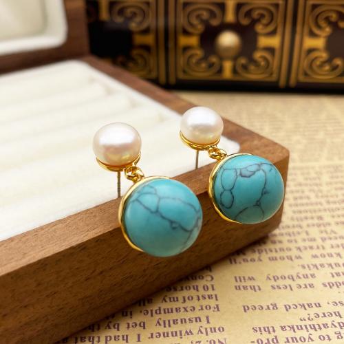 Prás Graí Earring, le turquoise & Pearl Fionnuisce, plátáilte, do bhean, órga, 23x13mm, Díolta De réir Péire