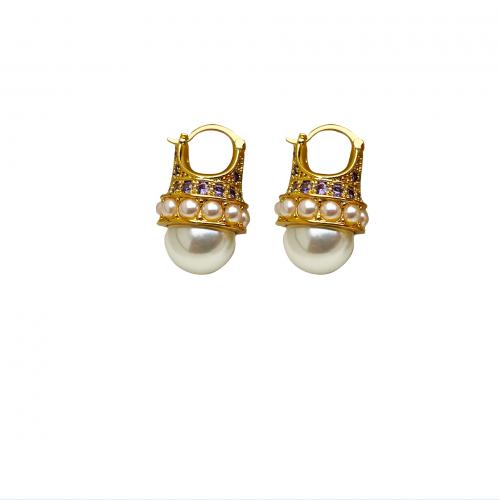 Ciúbach Zirconia Micrimhilseogra réiteodh Earring Prás, le Pearl Fionnuisce, plátáilte, micrea réiteach zirconia ciúbach & do bhean, órga, 33x22mm, Díolta De réir Péire