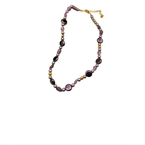 Brass Necklace with Gemstone & Plastic Pearl with 7CM extender chain handmade for woman purple Length Approx 38 cm Sold By PC