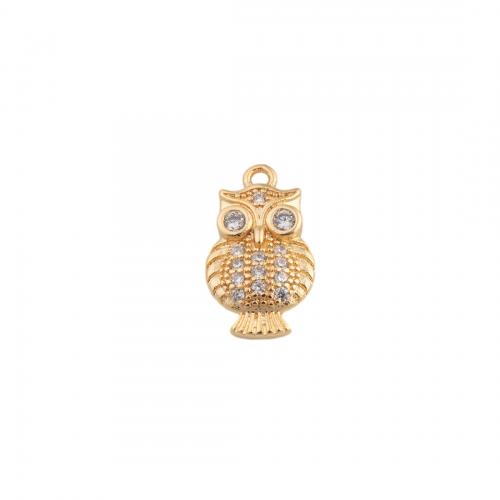 Terningformet Zirkon Micro Pave Messing vedhæng, Owl, forgyldt, du kan DIY & Micro Pave cubic zirconia, gylden, 15.50x9x2mm, Hole:Ca. 1mm, Solgt af PC