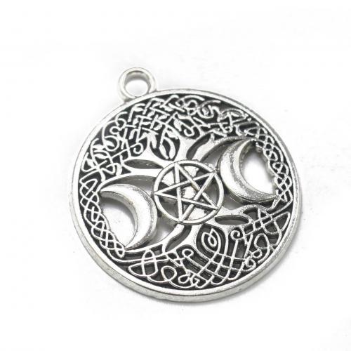 Pendentifs creux en alliage de zinc, Plat rond, Plaqué de couleur d'argent, Vintage & DIY, protéger l'environnement, sans nickel, plomb et cadmium, 34x39x3mm, Environ 100PC/sac, Vendu par sac