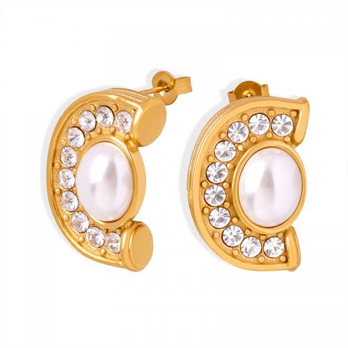 Acier titane boucle d oreille dormeuse, avec Shell Pearl & Tchèque, Motif géométrique, Placage, bijoux de mode & pour femme, plus de couleurs à choisir, 14x22mm, Vendu par paire