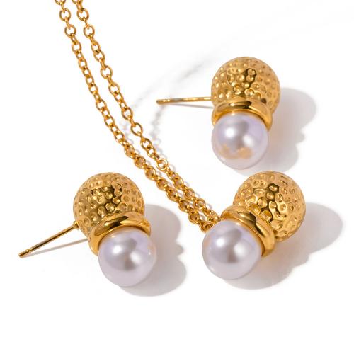 Conjuntos de joyería de acero inoxidable, acero inoxidable 304, con Shell Pearl, 18K chapado en oro, diferentes estilos para la opción & para mujer, dorado, 12x21mm, longitud aproximado 43.5 cm, Vendido por UD